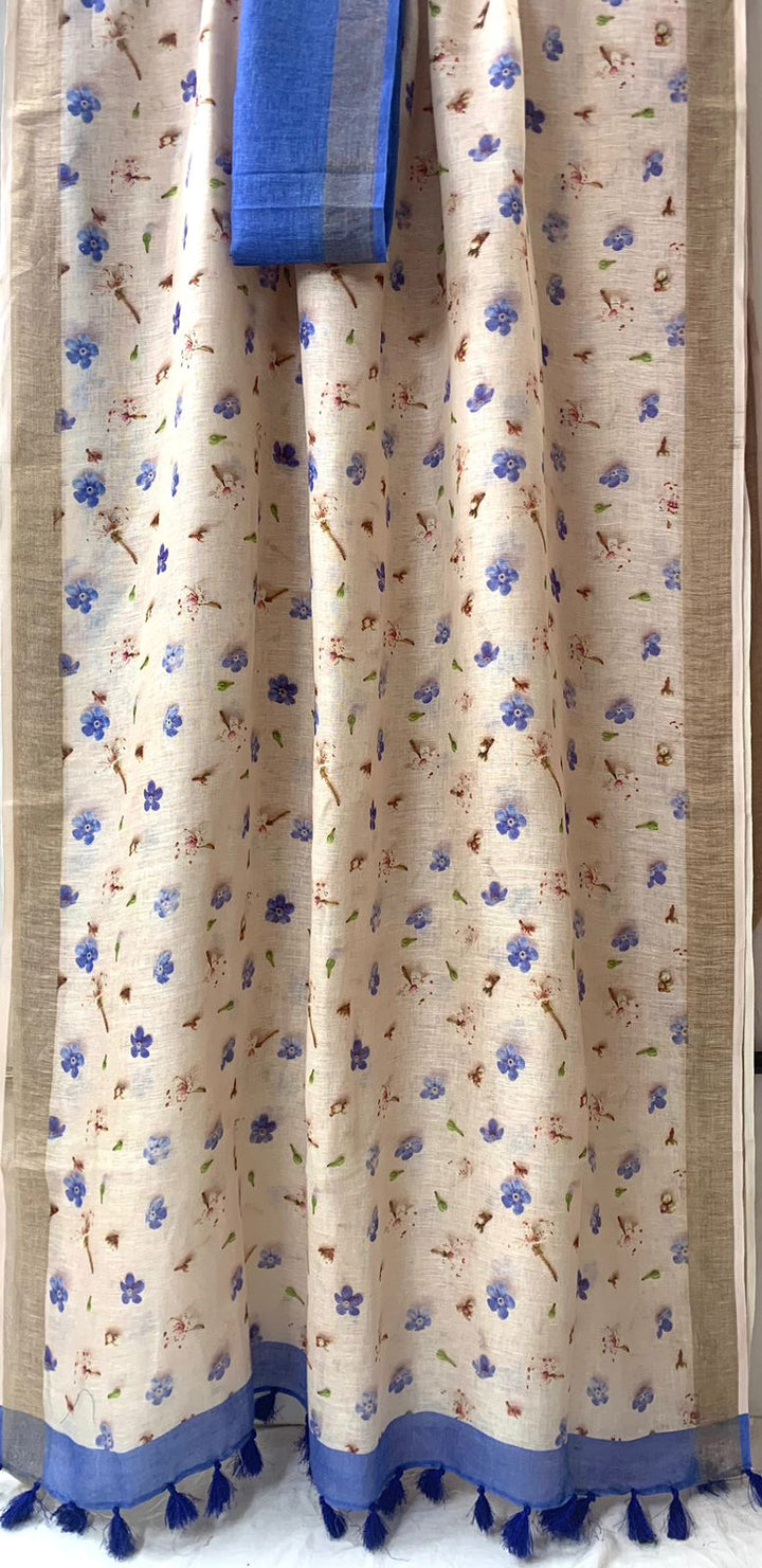 Pure Handloom Linen Silk digital work Saree With Blouse. ( Length- 6.3 meter )