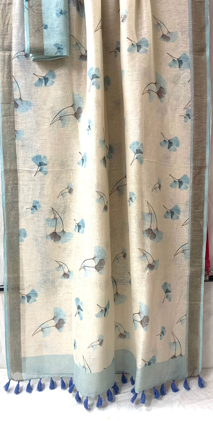 Pure Handloom Linen Silk digital work Saree With Blouse. ( Length- 6.3 meter )