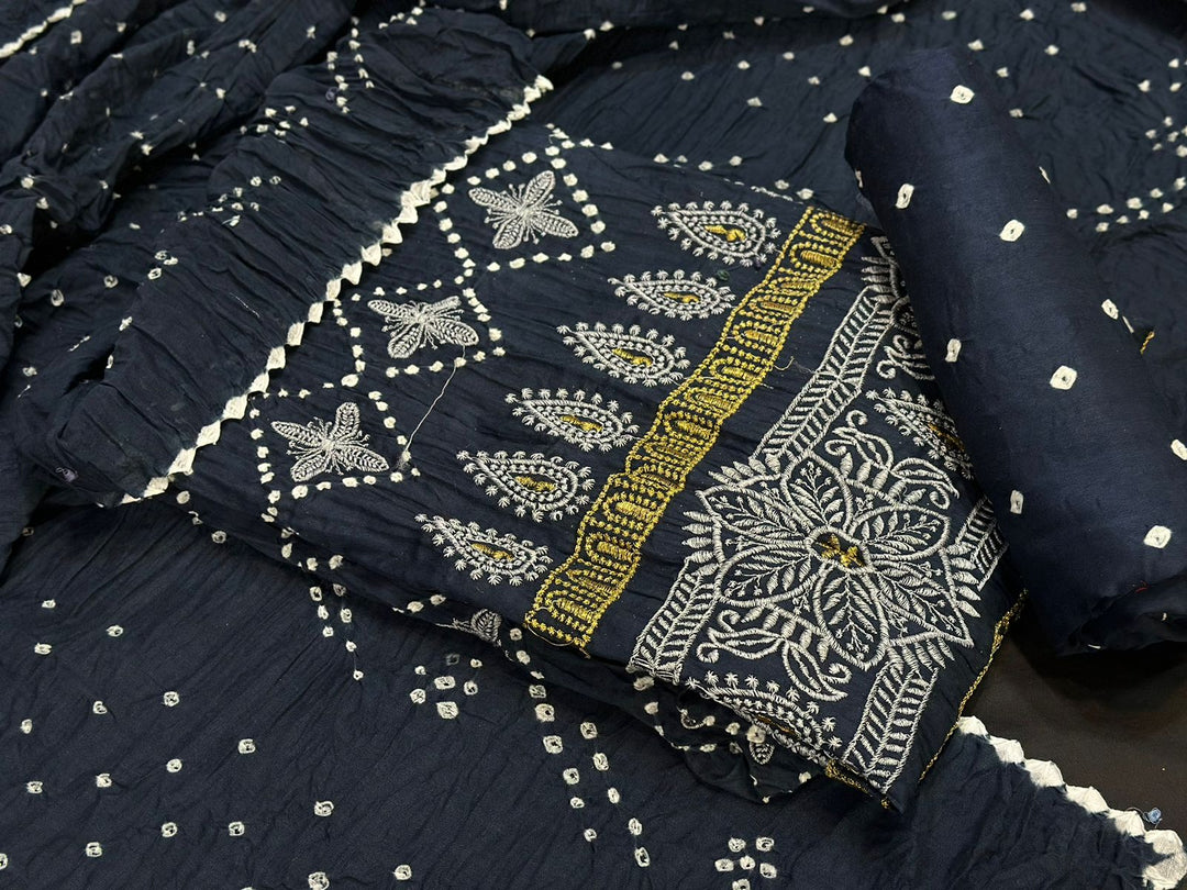 Bandhej HAnd work SUit with Resham Embroidery