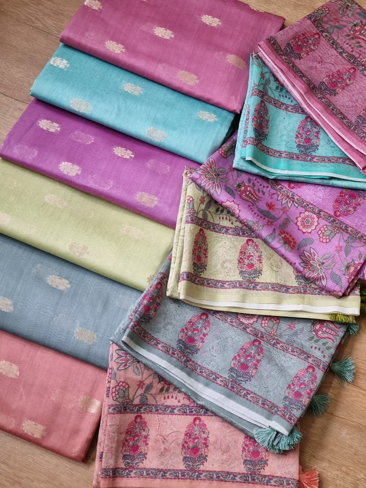 Exclusive banarasi chanderi silk zari weave suit paired with chanderi silk printed dupatta.