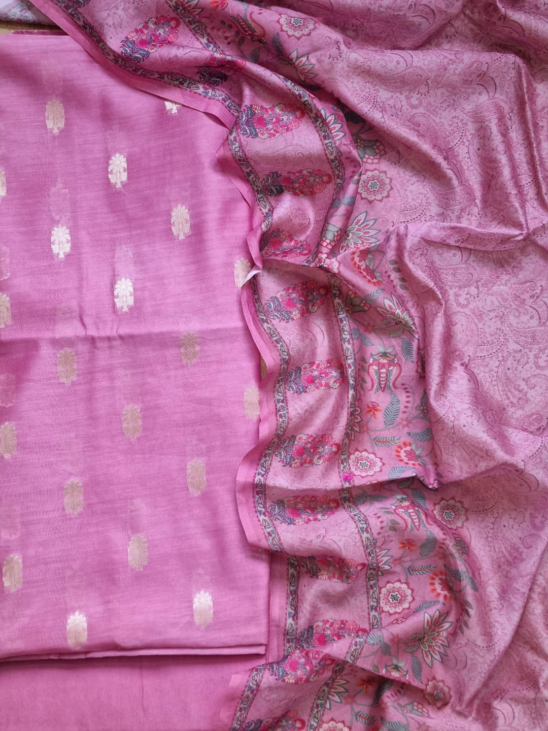 Exclusive banarasi chanderi silk zari weave suit paired with chanderi silk printed dupatta.