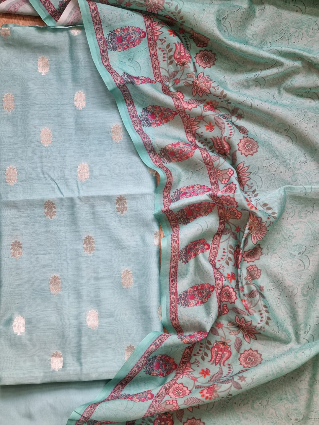 Exclusive banarasi chanderi silk zari weave suit paired with chanderi silk printed dupatta.