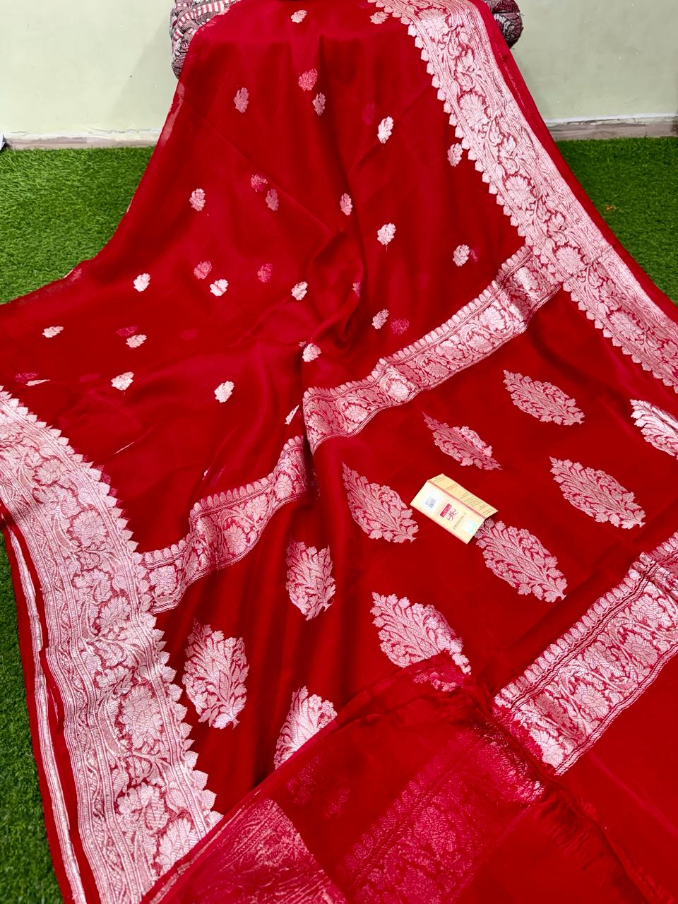 Pure Hand loom  Khaddi Chiffon Georgette Saree with Silver Zari Weaving blouse | RED |