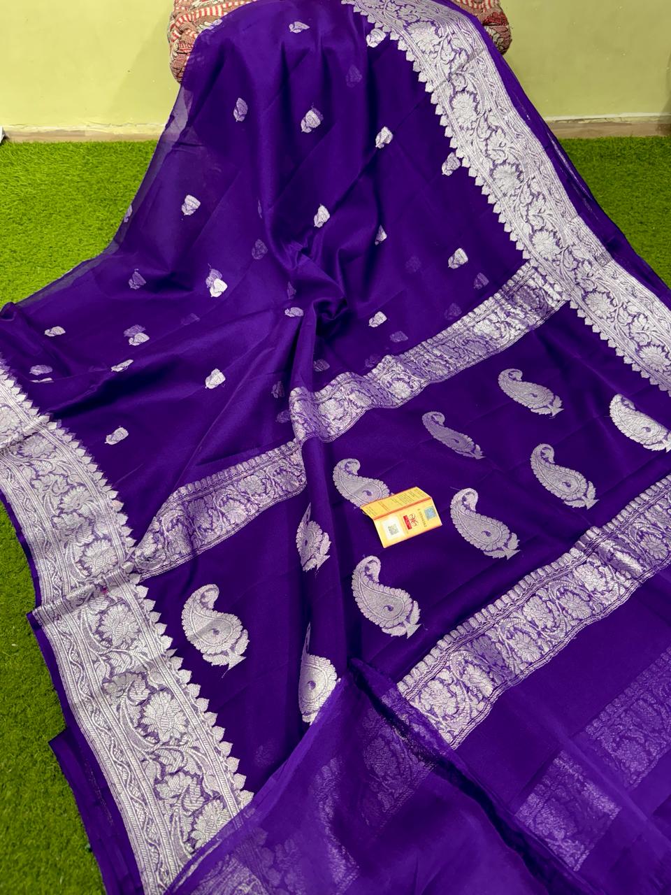 Pure Hand loom  Khaddi Chiffon Georgette Saree with Silver Zari Weaving blouse |BLUE |