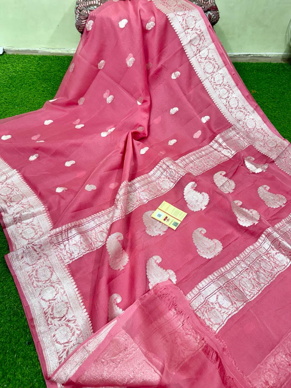 Pure Handloom Khaddi Chiffon Georgette Saree with Silver Zari Weaving blouse | PEACH |