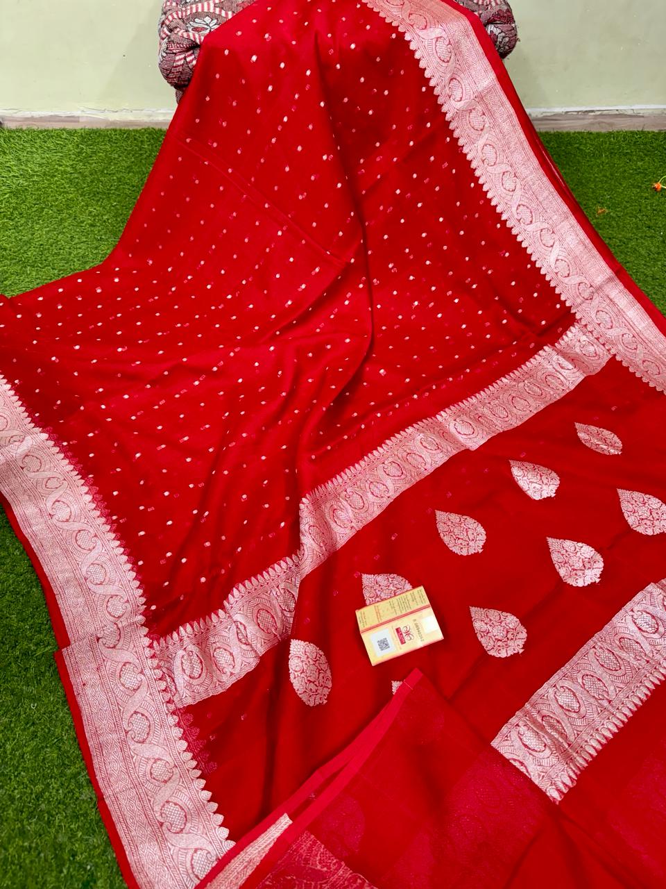 Pure Handloom Khaddi Chiffon Georgette Saree with Silver Zari Weaving blouse | RED |