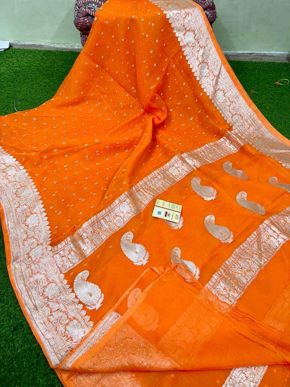 Pure Handloom Khaddi Chiffon Georgette Saree with Silver Zari Weaving blouse | ORANGE |