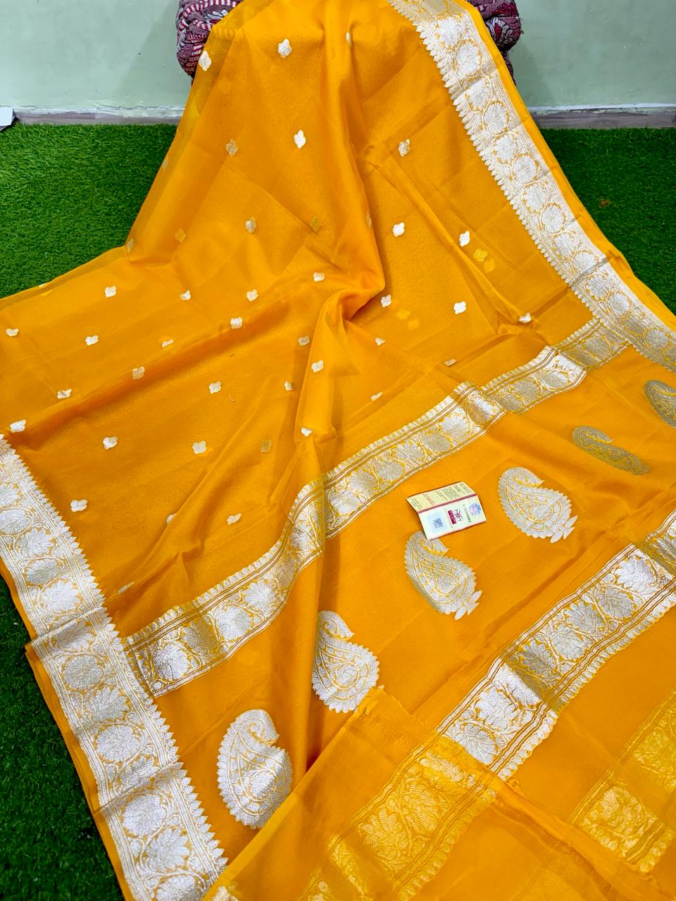 Pure Handloom Khaddi Chiffon Georgette Saree with Silver Zari Weaving blouse | MUSTARD |