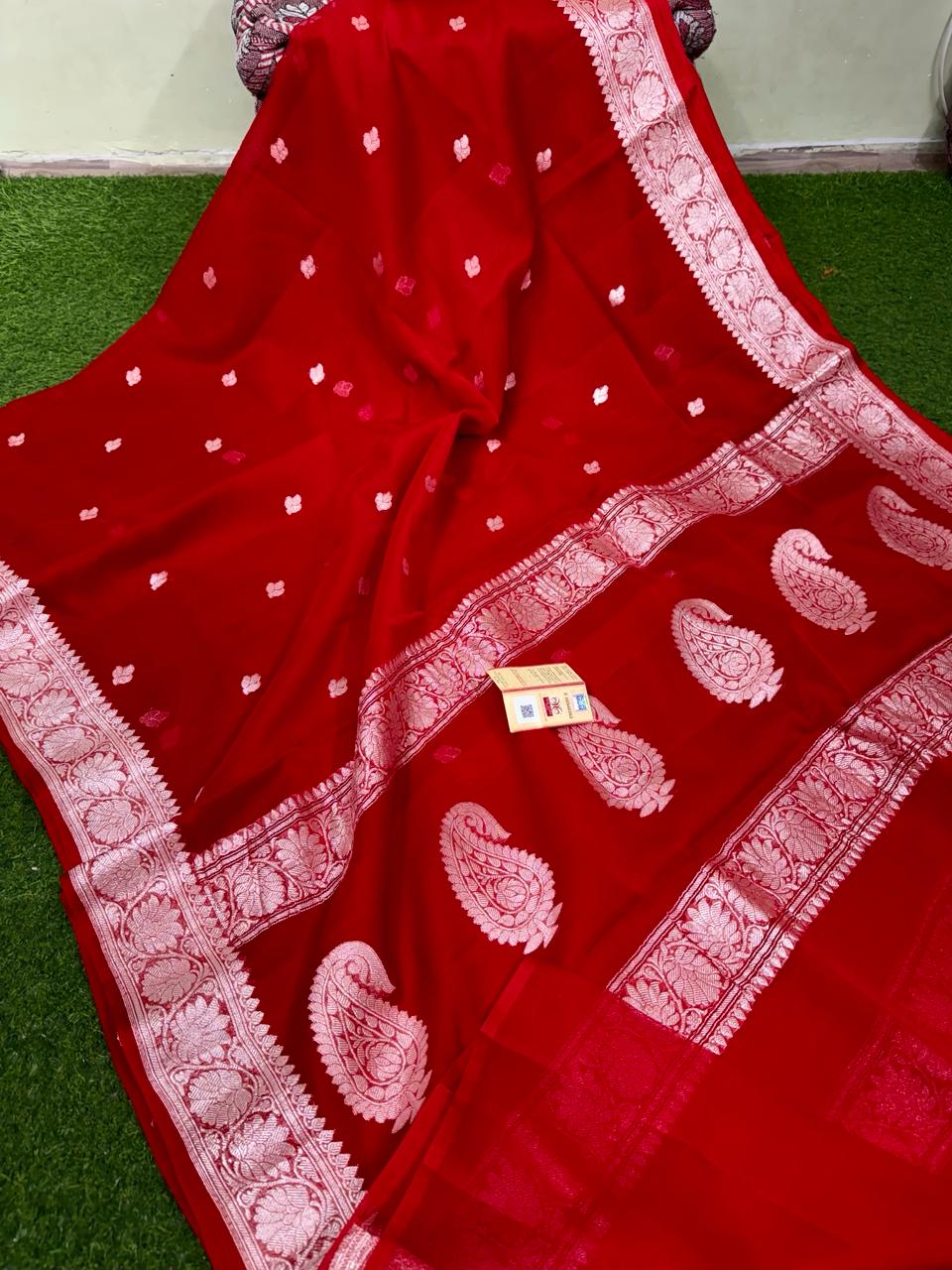 Pure Handloom Khaddi Chiffon Georgette Saree with Silver Zari Weaving blouse | RED |