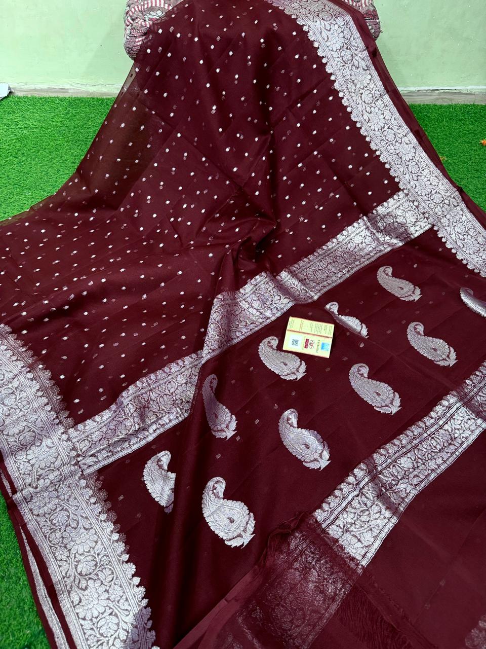 Pure Handloom Khaddi Chiffon Georgette Saree with Silver Zari Weaving blouse | WINE |