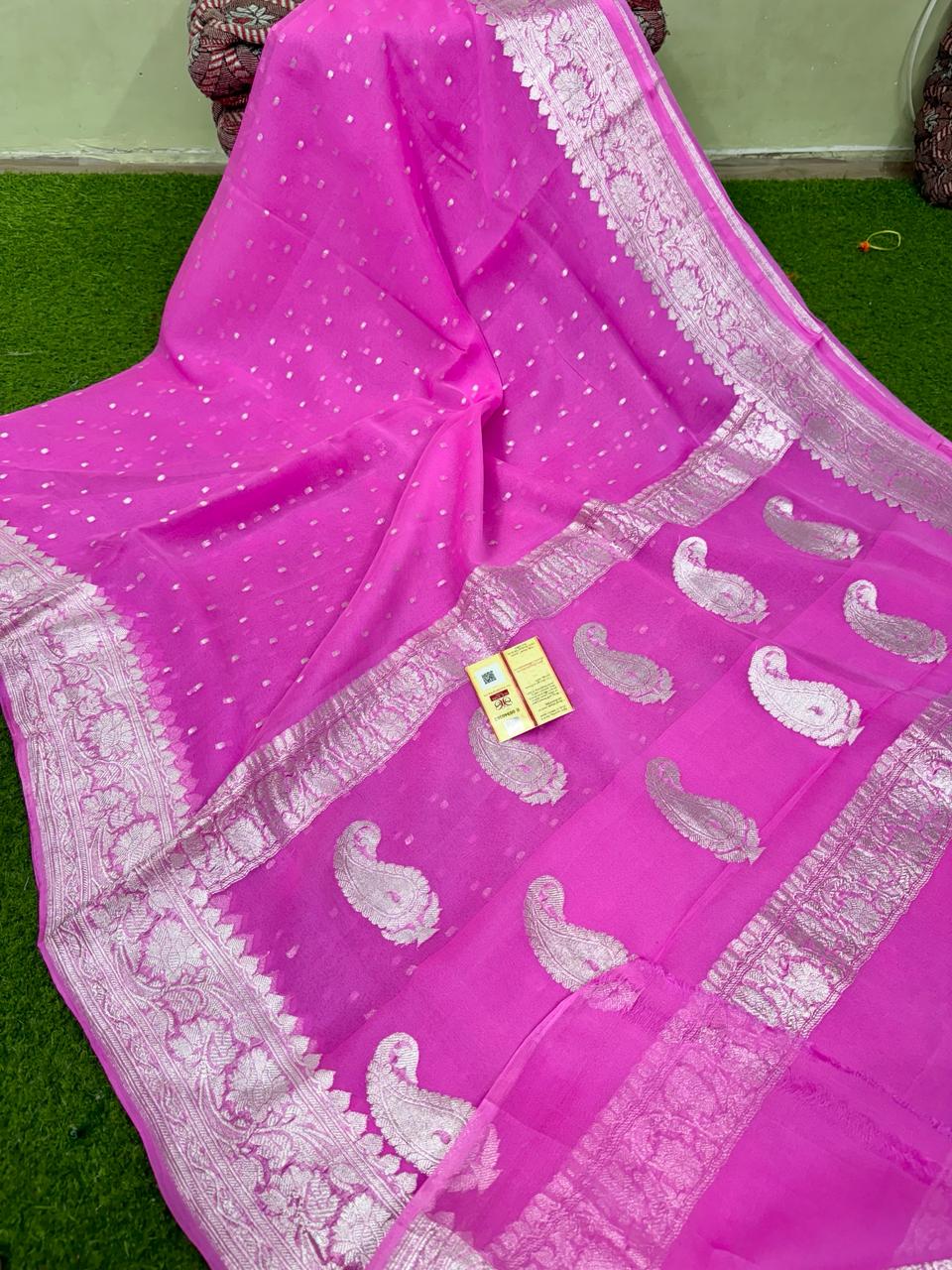 Pure Handloom Khaddi Chiffon Georgette Saree with Silver Zari Weaving blouse | PINK |