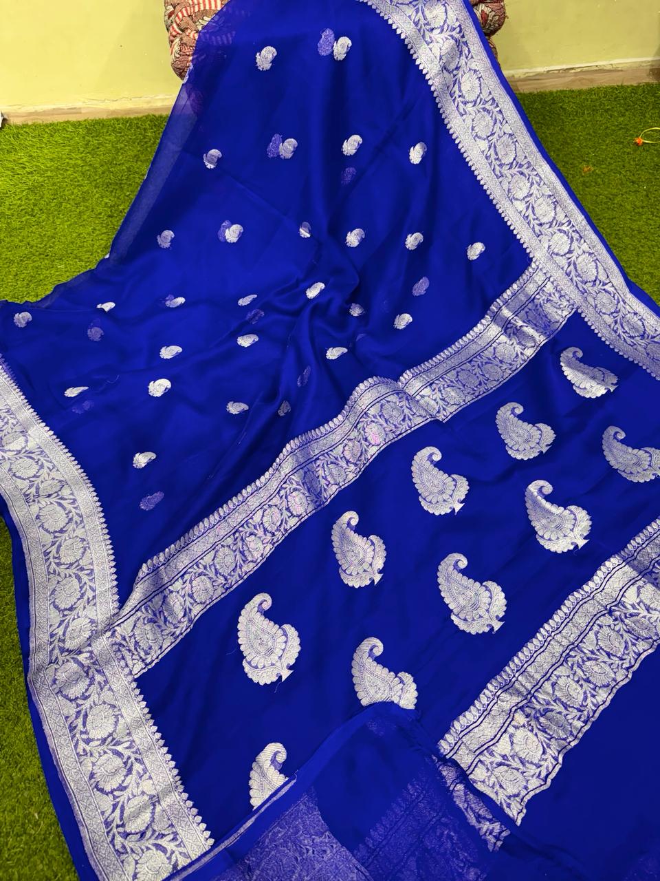 Pure Handloom Khaddi Chiffon Georgette Saree with Silver Zari Weaving blouse | BLUE |