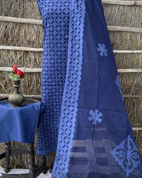 Pure Cotton Applique Work Unstitched Suit With Cotton Applique Work Dupatta.