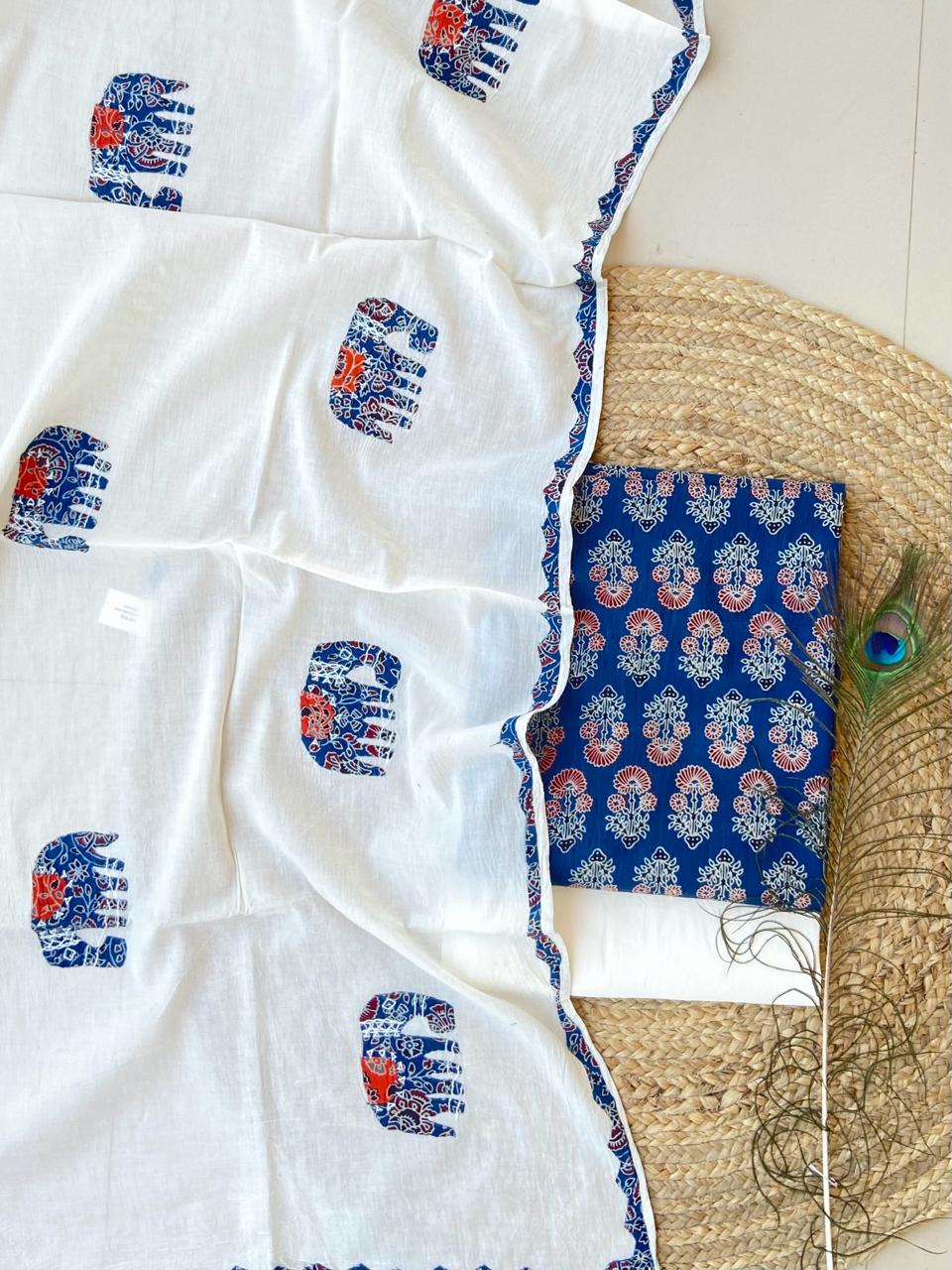 Handblock Pure Cotton Azrakh Print Unstitched Suit With  Dupatta