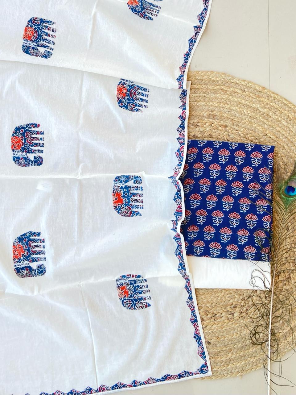 Handblock Pure Cotton Azrakh Print Unstitched Suit With  Dupatta