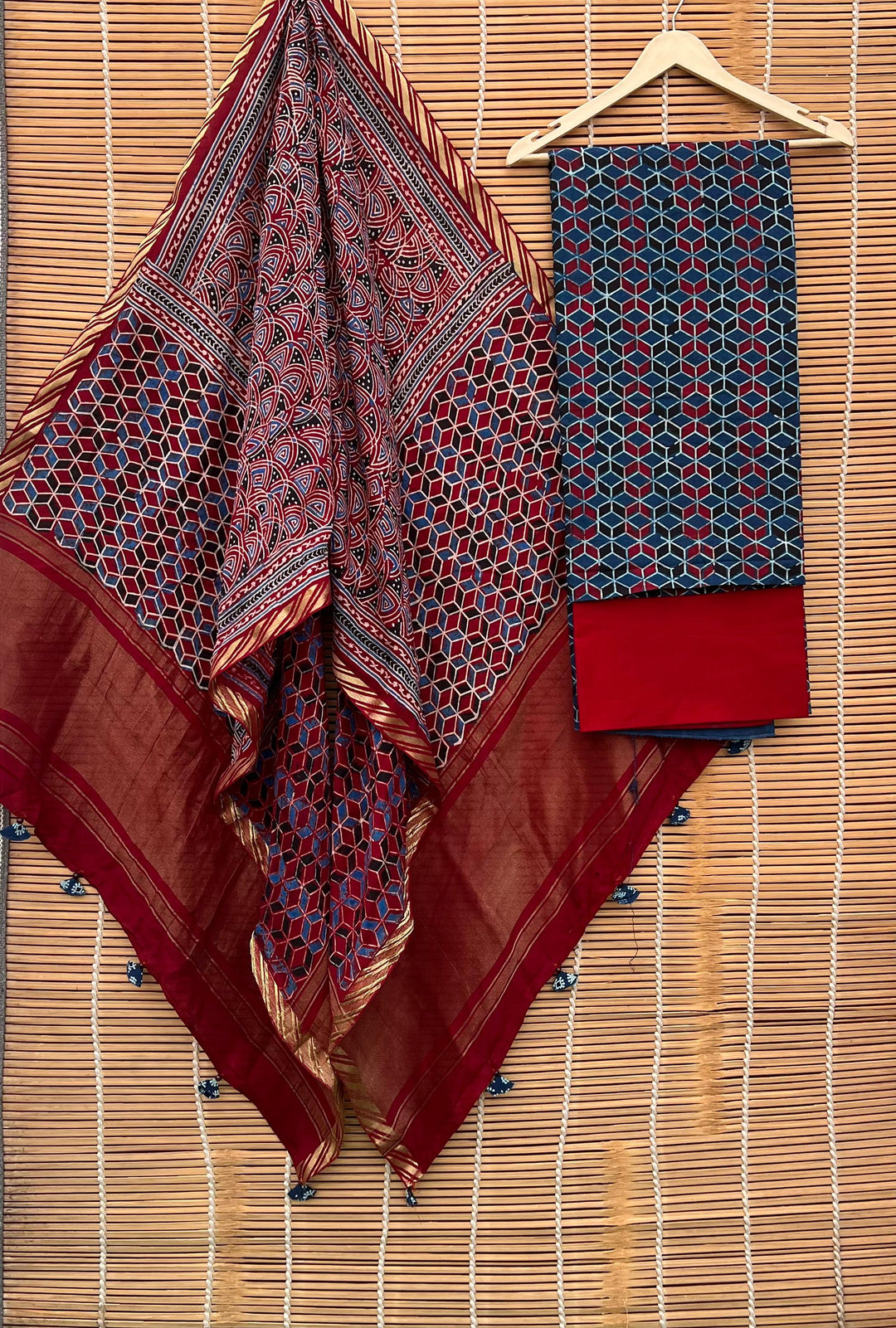 Pure Cotton Azrakh Print Unstitched suit With Moonga silk Tissue Pallu Dupatta.