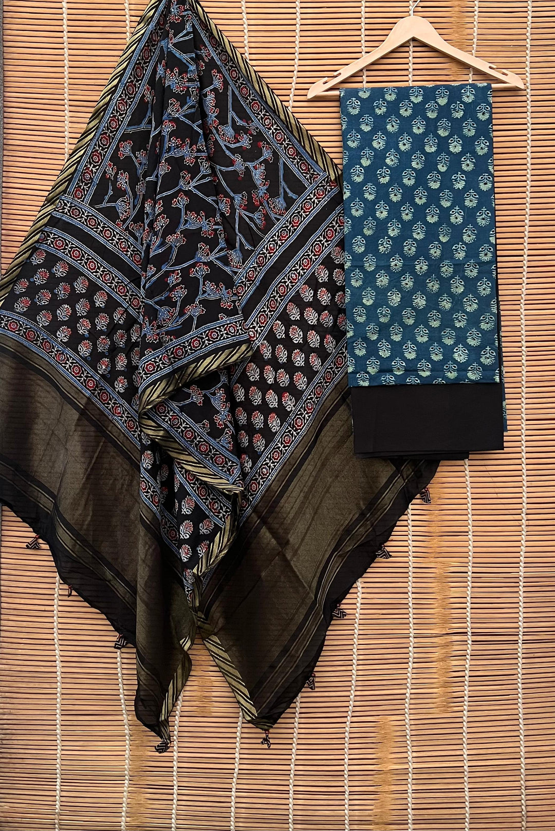 Pure Cotton Azrakh Print Unstitched suit With Moonga silk Tissue Pallu Dupatta.
