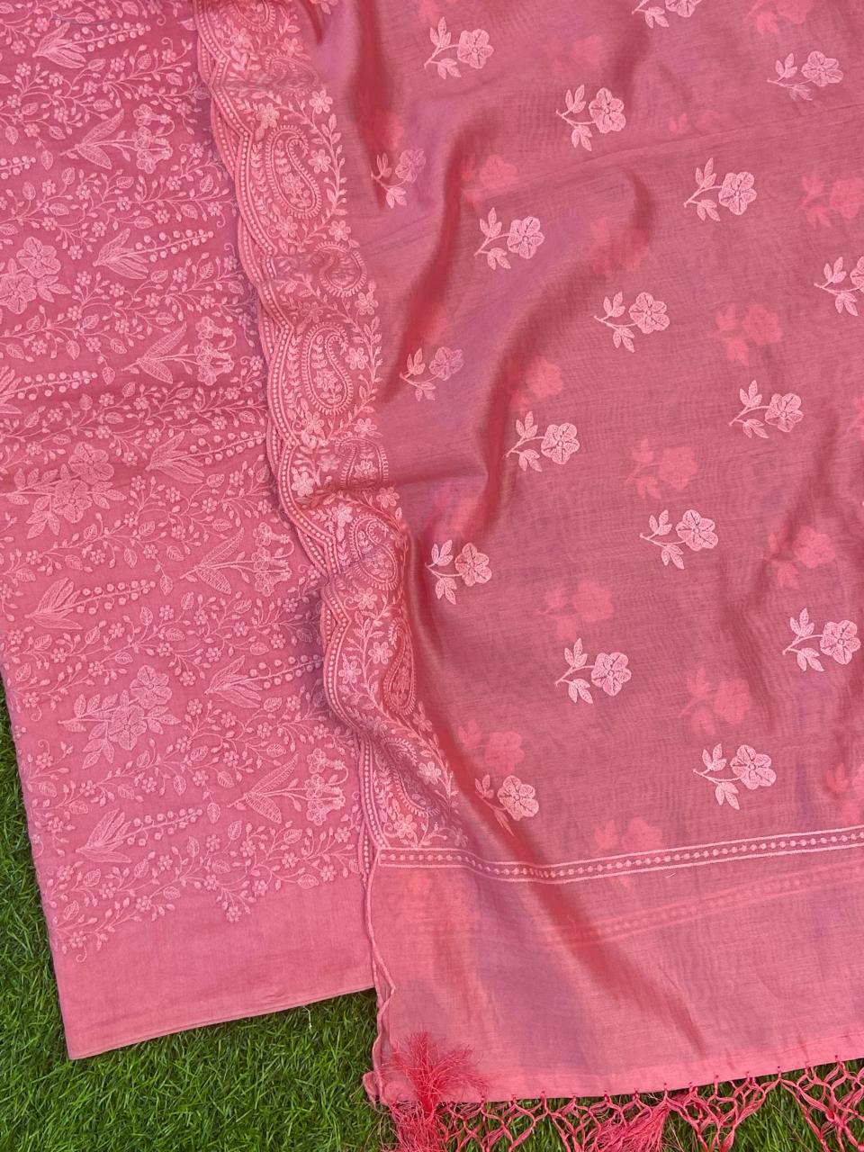 Exclusive banarasi chanderi silk zari weave suit paired with chanderi silk embroidered dupatta.