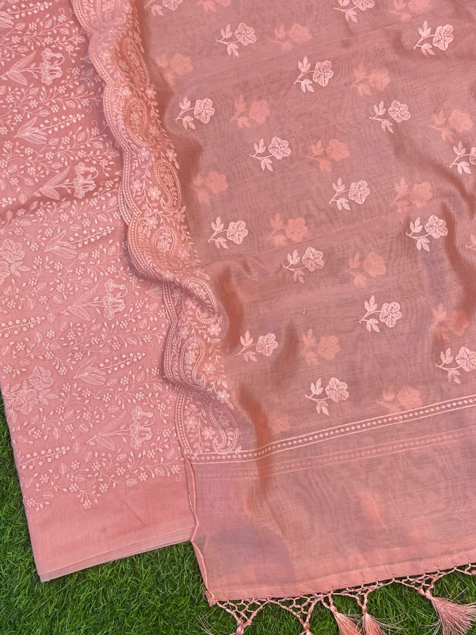 Exclusive banarasi chanderi silk zari weave suit paired with chanderi silk embroidered dupatta.