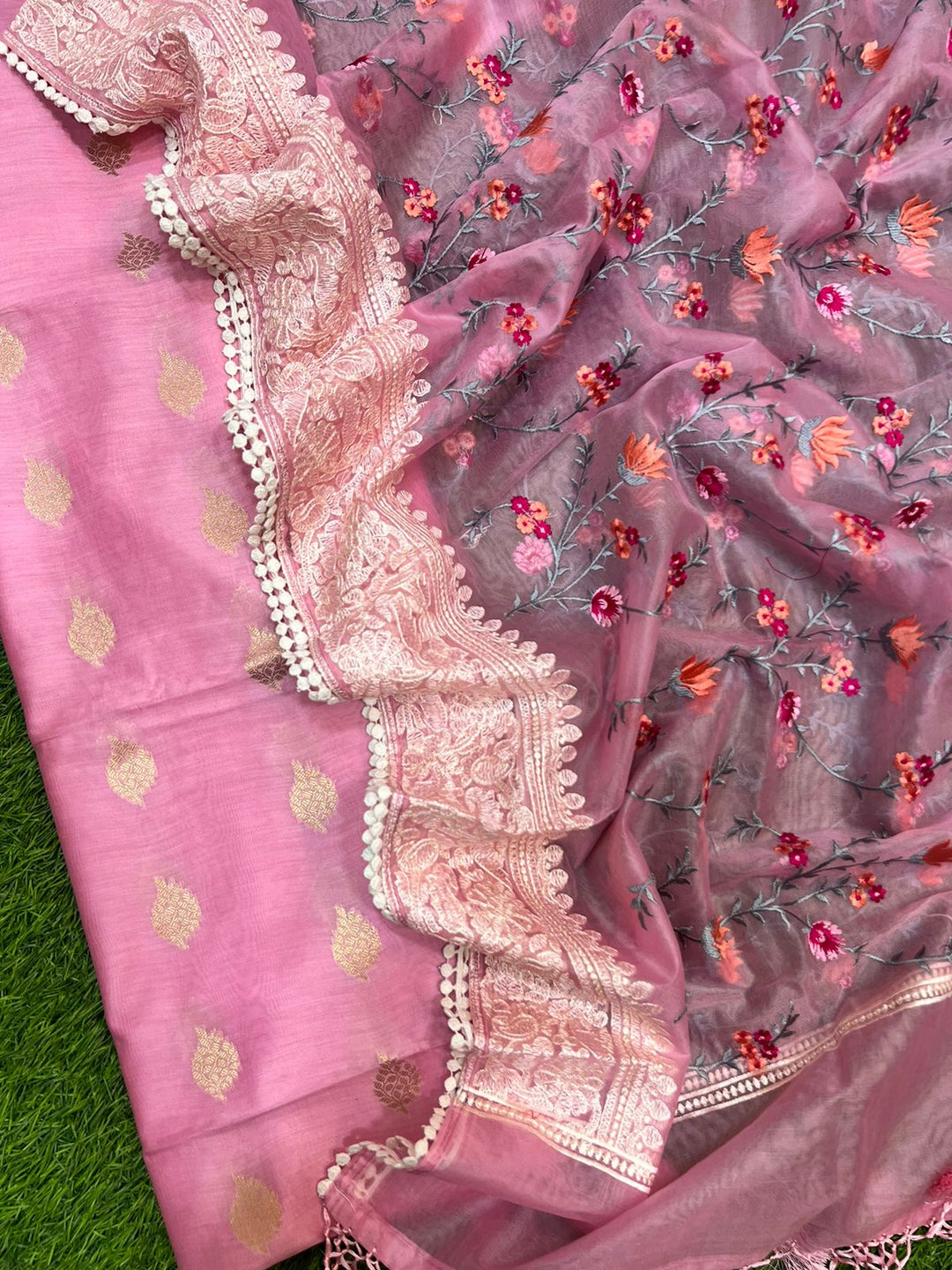 Pure Banarasi Chanderi Unstitched suit with Organza Dupatta