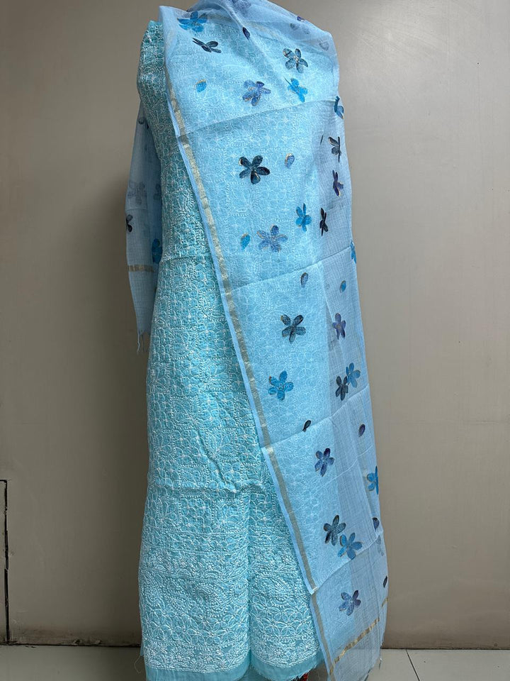 Pure Cotton Chikankari Unstitched Suit with Kota Doria Hand Painted Dupatta | NO BOTTOM|