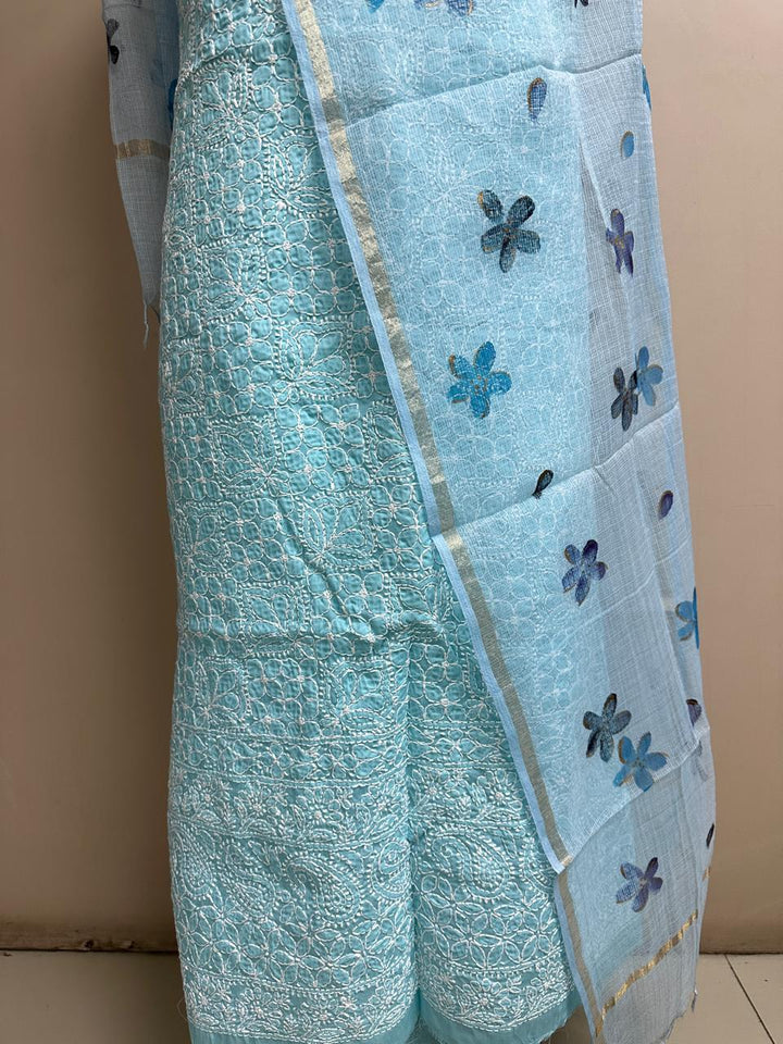 Pure Cotton Chikankari Unstitched Suit with Kota Doria Hand Painted Dupatta | NO BOTTOM|