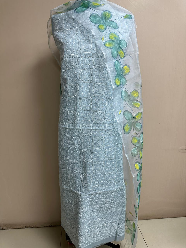 Pure Cotton Chikankari Unstitched Suit with Kota Doria Hand Painted Dupatta | NO BOTTOM|
