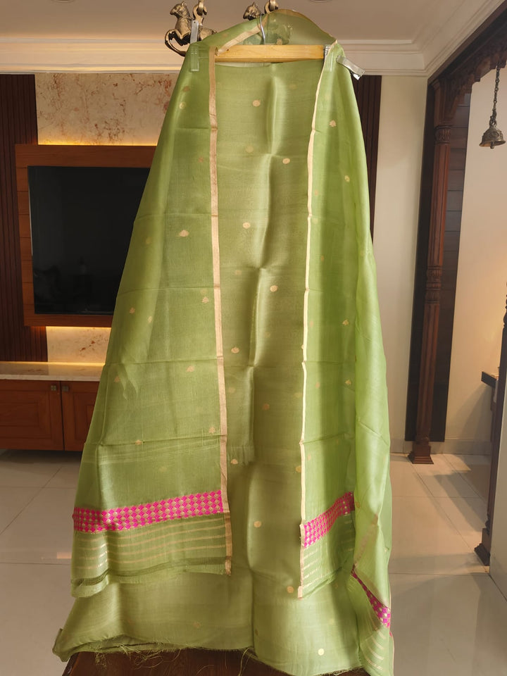 Pure Banarasi Kora Silk Khadwa Work 3 pc Unstitched Suit with meenakari Work in Green