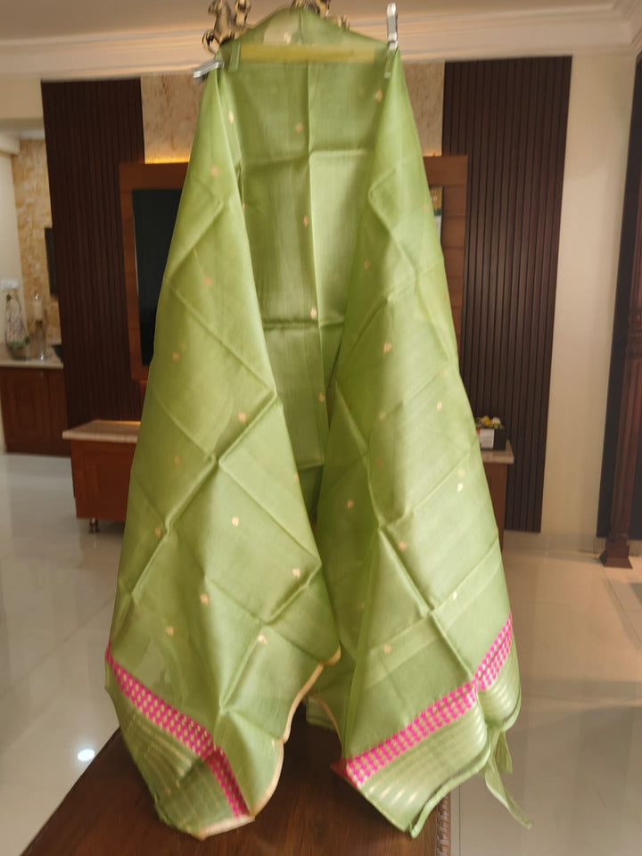 Pure Banarasi Kora Silk Khadwa Work 3 pc Unstitched Suit with meenakari Work in Green