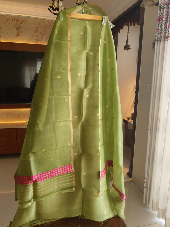 Pure Banarasi Kora Silk Khadwa Work 3 pc Unstitched Suit with meenakari Work in Green