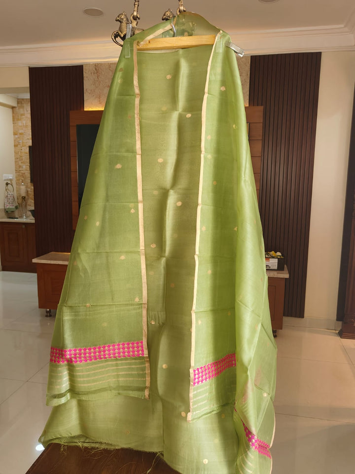 Pure Banarasi Kora Silk Khadwa Work 3 pc Unstitched Suit with meenakari Work in Green