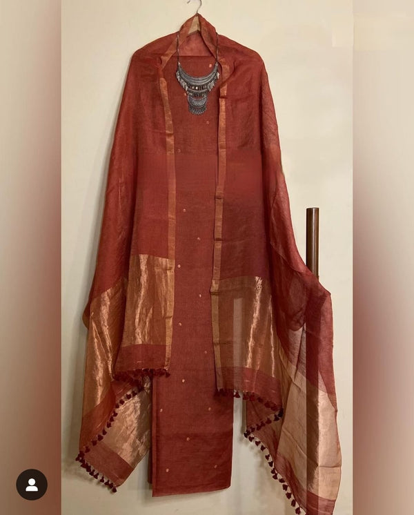 Pure Silk By Linen 2PC Jamdani Unstitched Suit with Tissue Zari Pallu