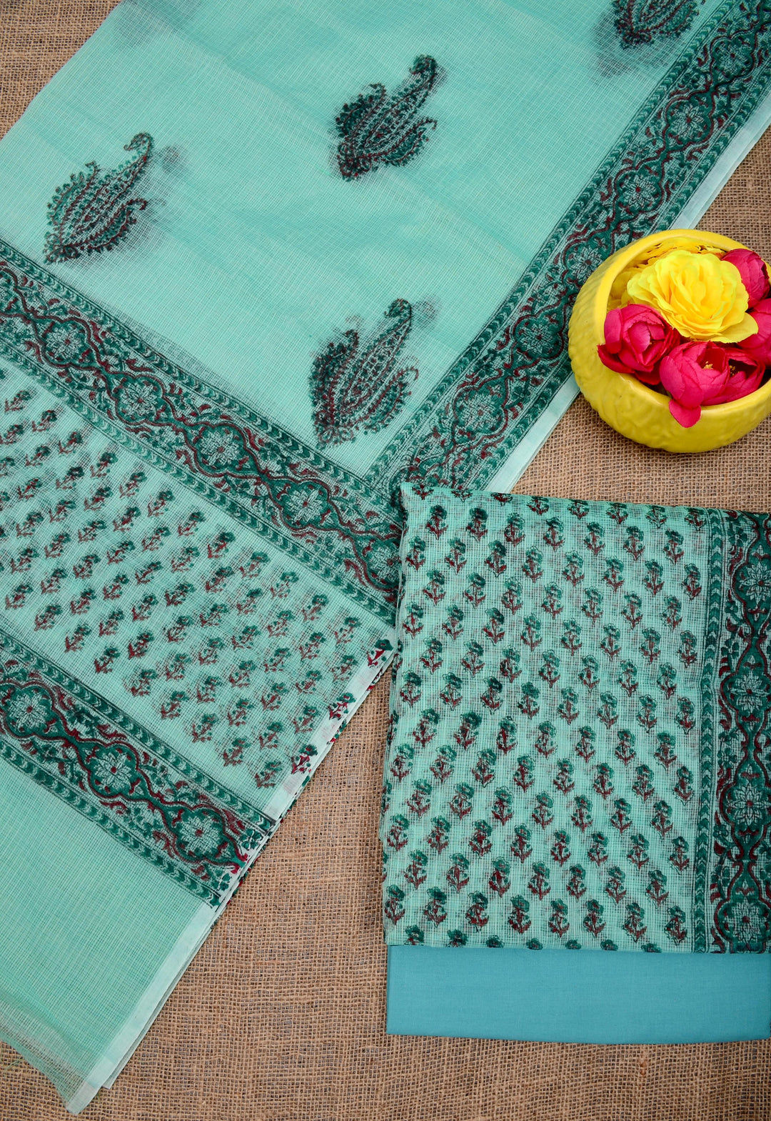 Pure Kota Doria Hand Block Print 3 Pc Unstitched Suit