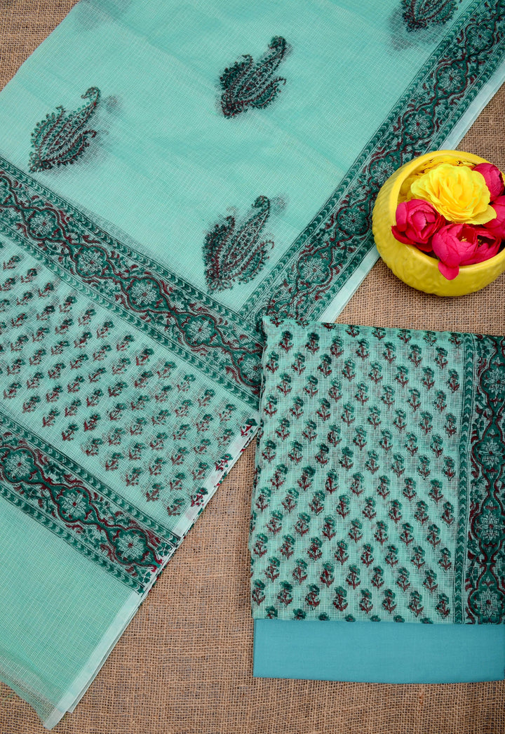 Pure Kota Doria Hand Block Print 3 Pc Unstitched Suit