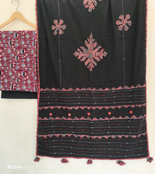 Pure Cotton Azrakh Print Unstitched suit With Hand kantha Work Dupatta
