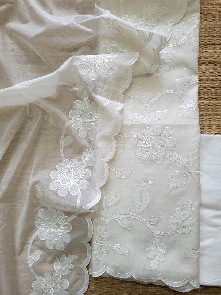 Pure Banarasi Mul Cotton Unstitched Suit With Applique Cut Work