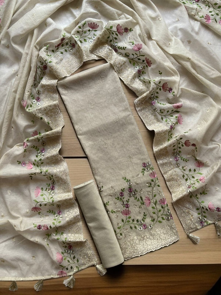 Pure Banarasi Mul Cotton Silk Unstitched Suit with Beautiful Embroidery Work