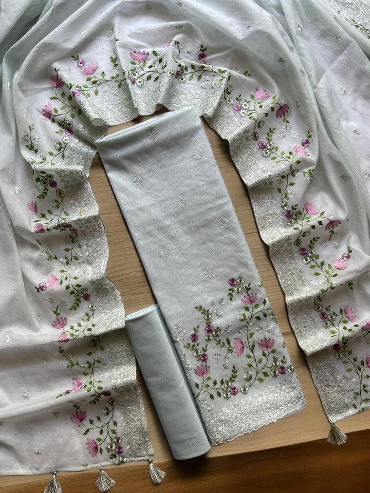 Pure Banarasi Mul Cotton Silk Unstitched Suit with Beautiful Embroidery Work