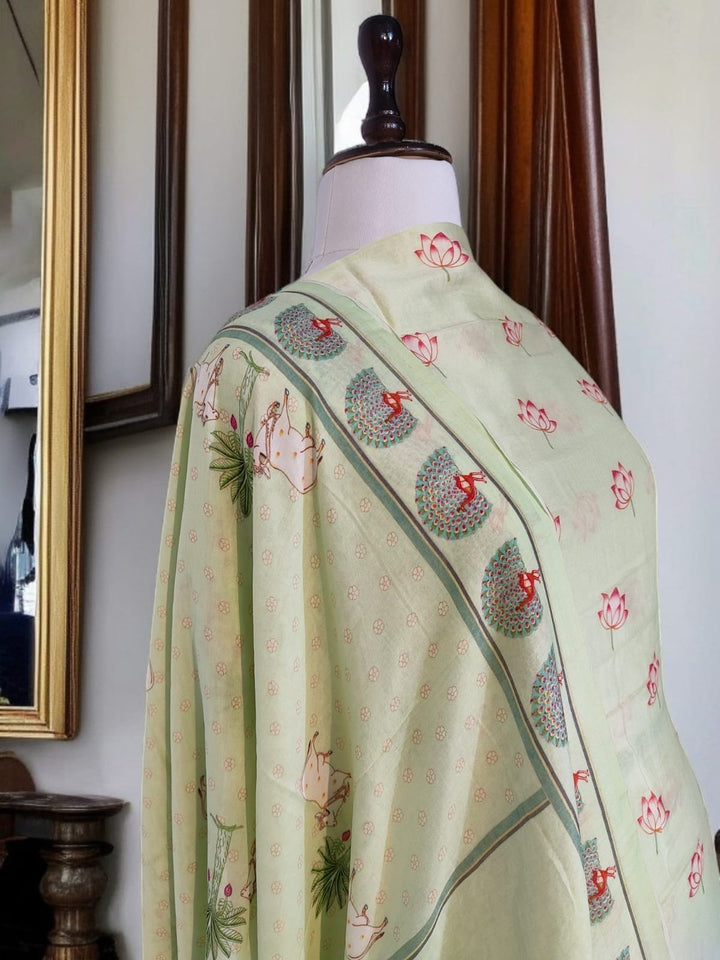Pure Banarasi Chanderi Silk Pichwai Work Unstitched Suit