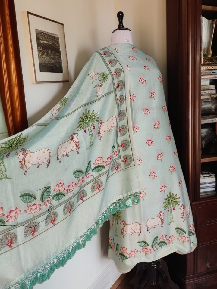 Pure Banarasi Chanderi Silk Pichwai Work Unstitched Suit