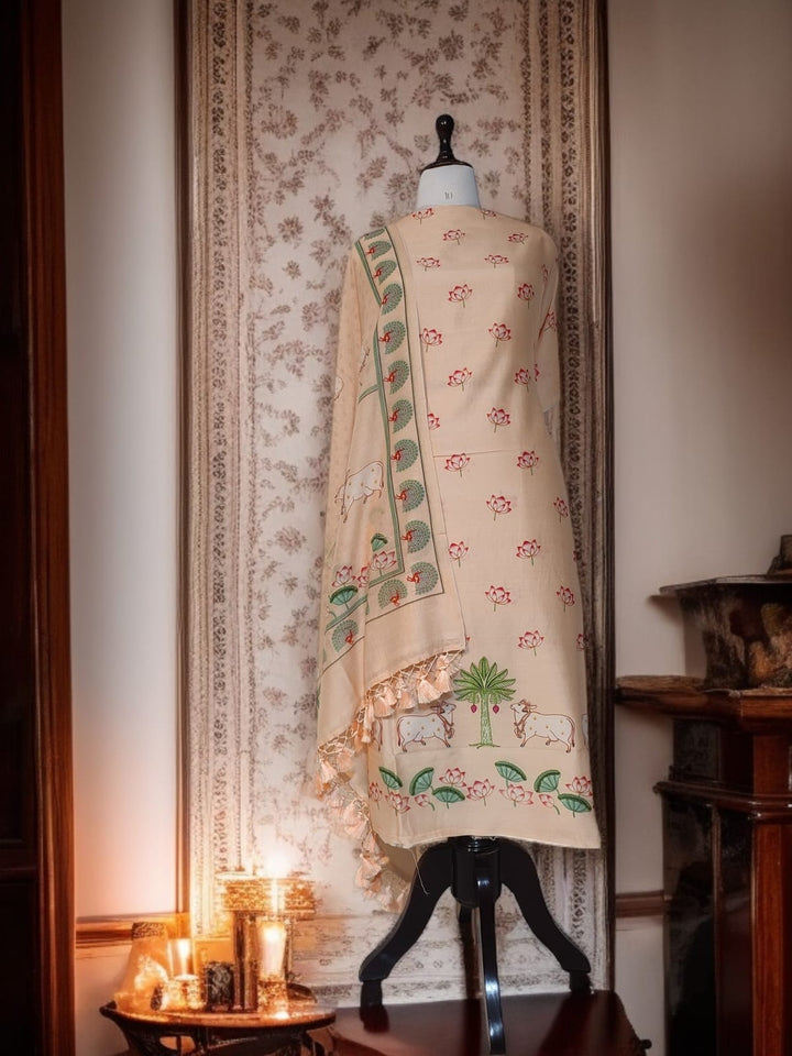 Pure Banarasi Chanderi Silk Pichwai Work Unstitched Suit