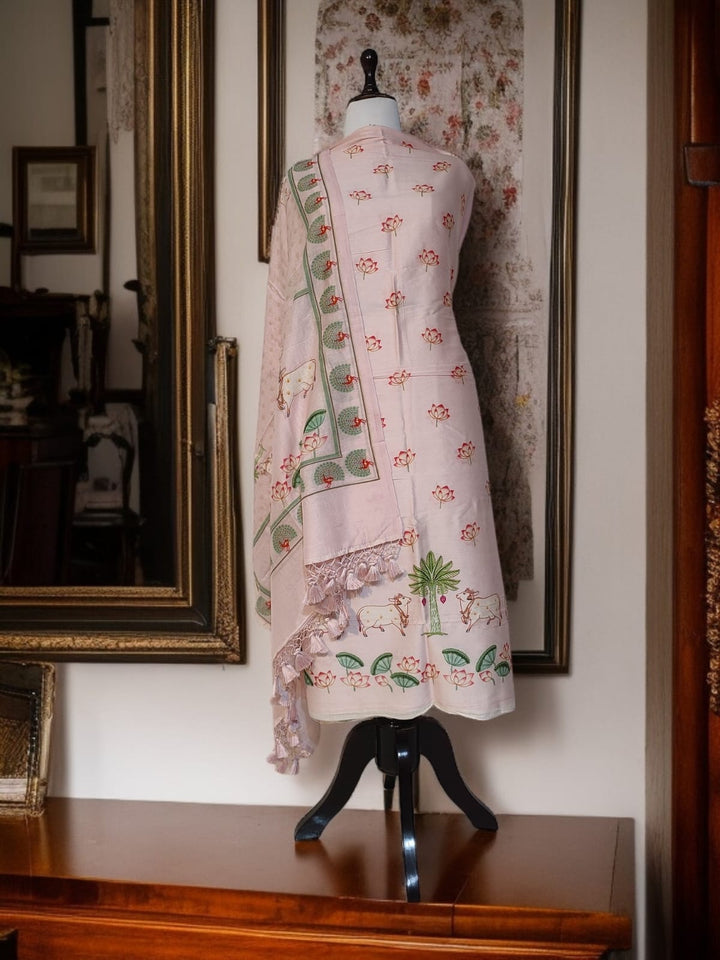Pure Banarasi Chanderi Silk Pichwai Work Unstitched Suit