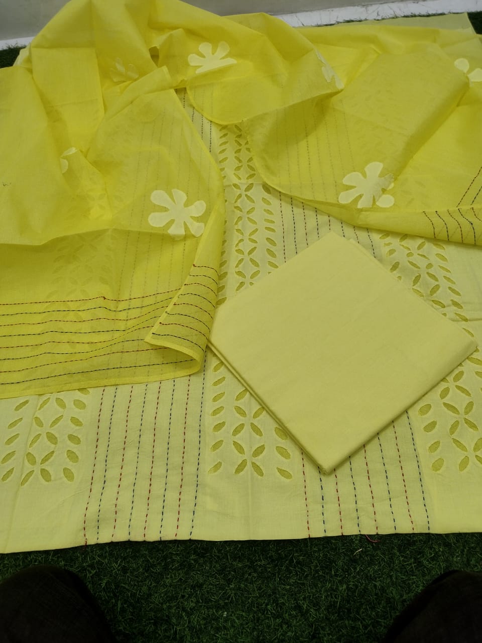 Pure Cotton Applique Work Unstitched Suit With Hand Kantha Work