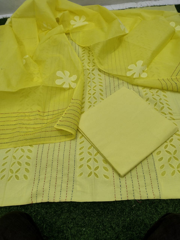 Pure Cotton Applique Work Unstitched Suit With Hand Kantha Work