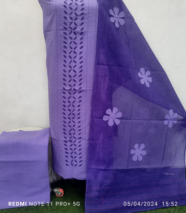 Pure Cotton Applique Work Unstitched Suit With Hand Kantha Work