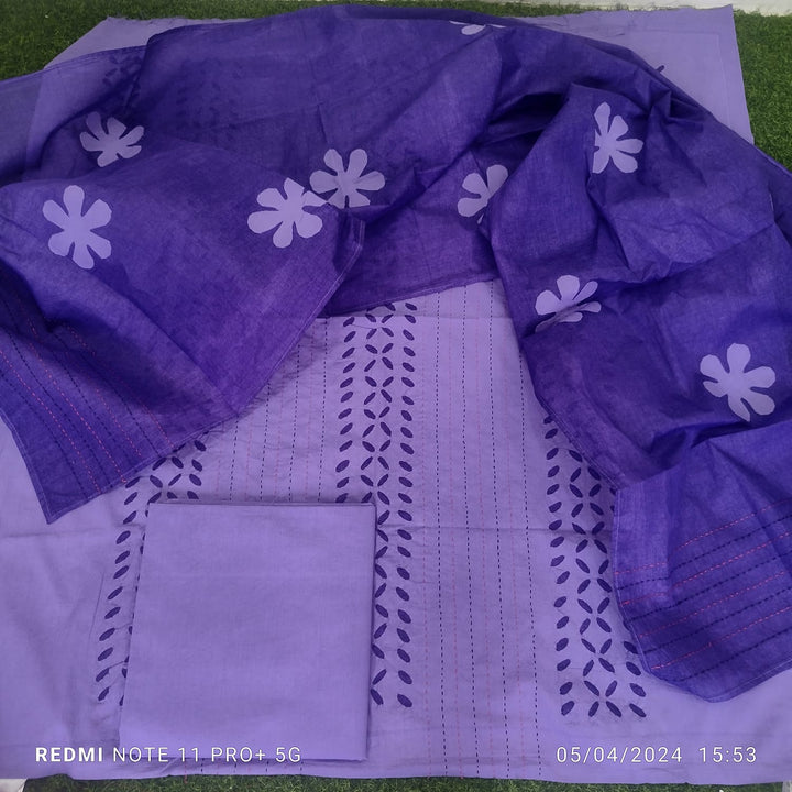 Pure Cotton Applique Work Unstitched Suit With Hand Kantha Work