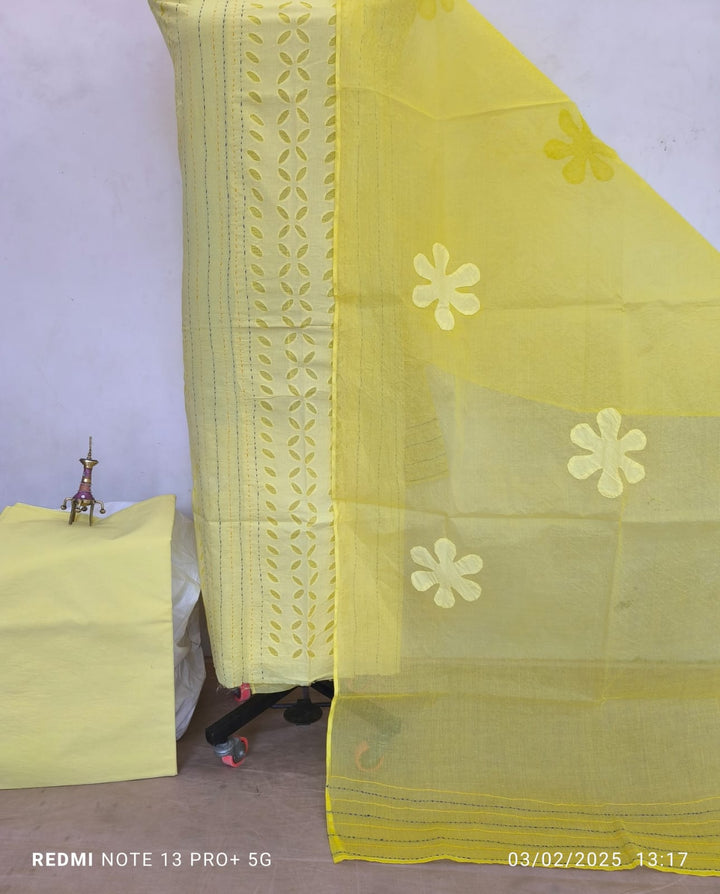 Pure Cotton Applique Work Unstitched Suit With Hand Kantha Work