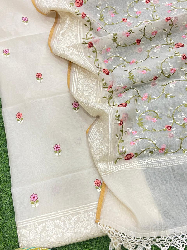 Pure Banarasi Resham Mul Chanderi Silk Embroidery Work Unstitched Suit