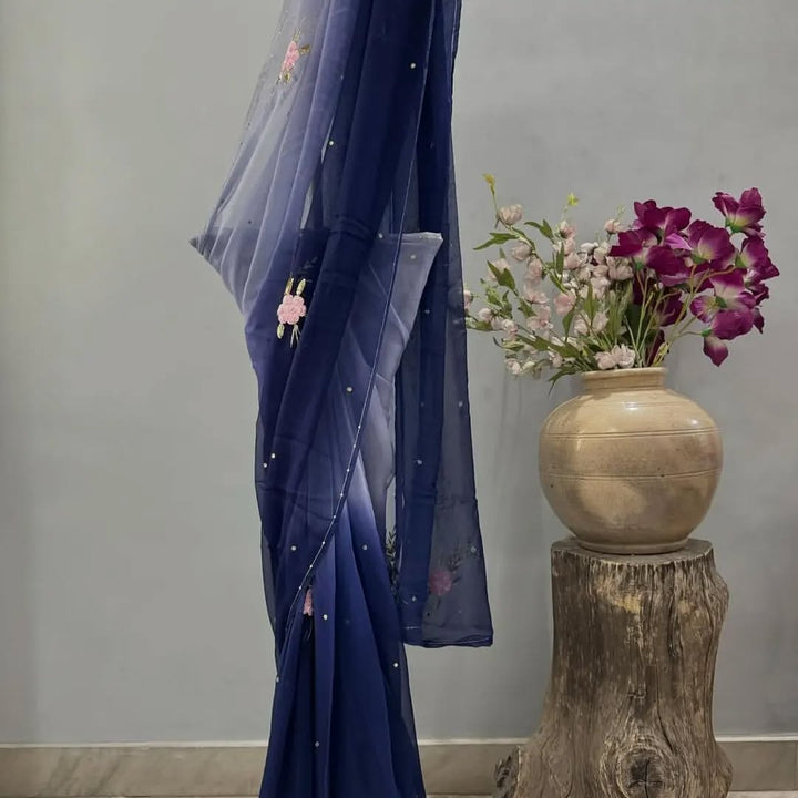 Pure Chiffon Hand Work Saree With Running Blouse