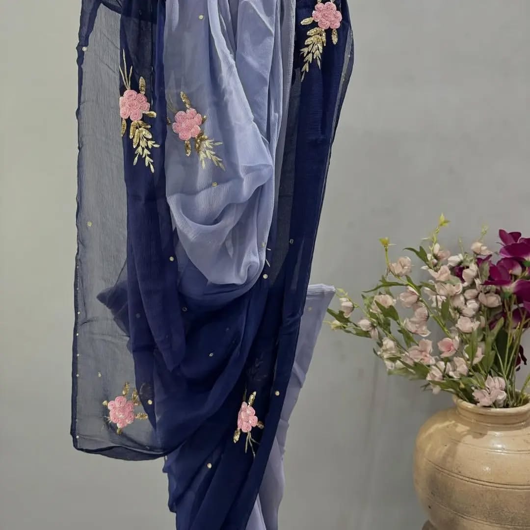 Pure Chiffon Hand Work Saree With Running Blouse